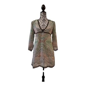 CAbi Green and Brown Striped V-Neck tunic Top size M